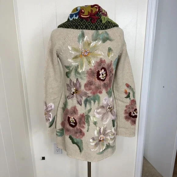 Anthopologie Sleeping On Snow Sweater Coat Hand Painted Poppies Size Medium - Picture 5 of 16